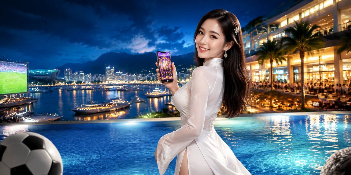 Người phụ nữ trong trang phục áo dài trải nghiệm slot game tại Nha Trang bên bờ biển