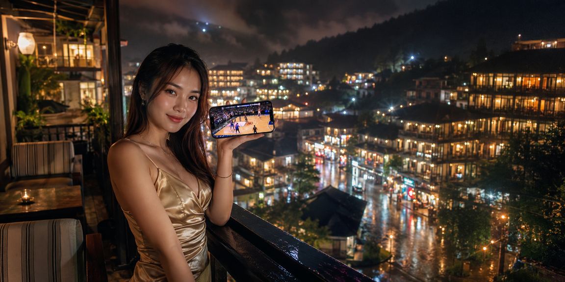 Người dùng tại Sapa đặt cược bóng rổ qua điện thoại bên khung cảnh núi non